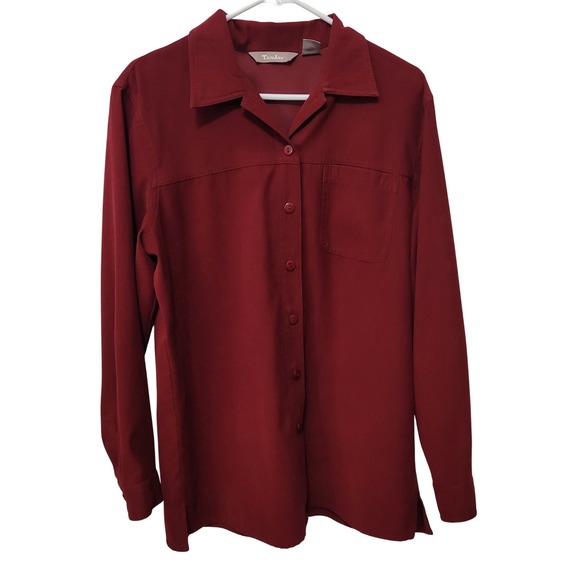 TanJay Tops - TanJay Button Front Blouse Women 14 Burgundy Red Long Sleeve Collared Pocket